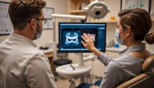 Dental implant consultation showing a patient reviewing a 3D scan with an oral surgeon to evaluate candidacy for same-day dental implants.